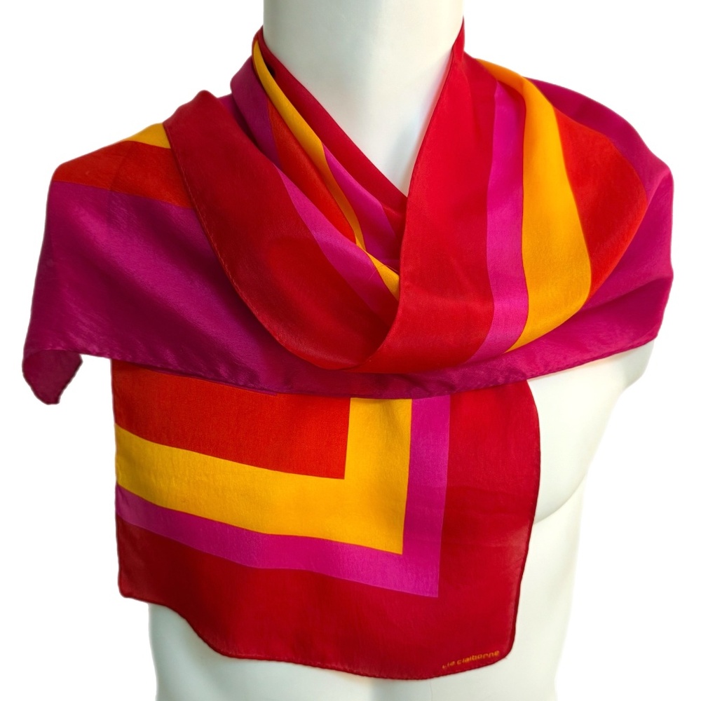 Liz Claiborne Silk Scarf – Retro Geometric Stripes - Pink Red Orange Yellow
